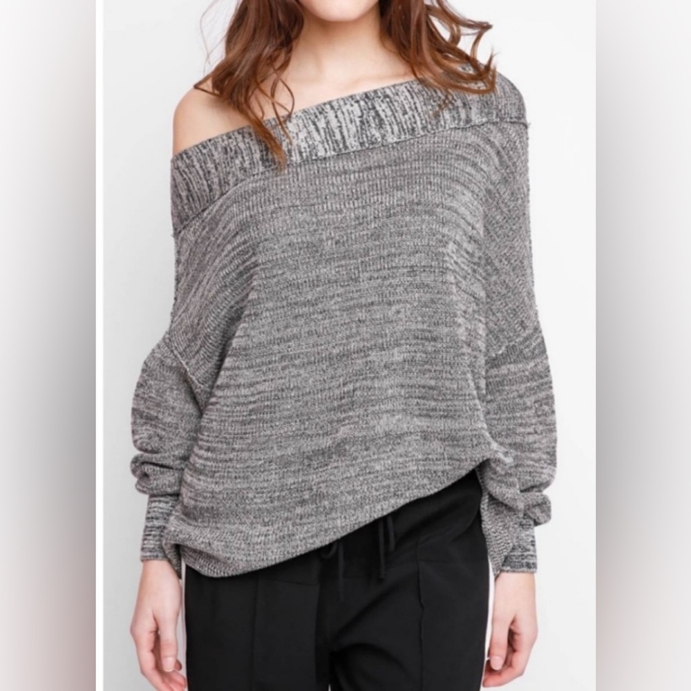 Free People Sweater Linen Blend Gray Flashdance One Shoulder Oversized Boho Sz L